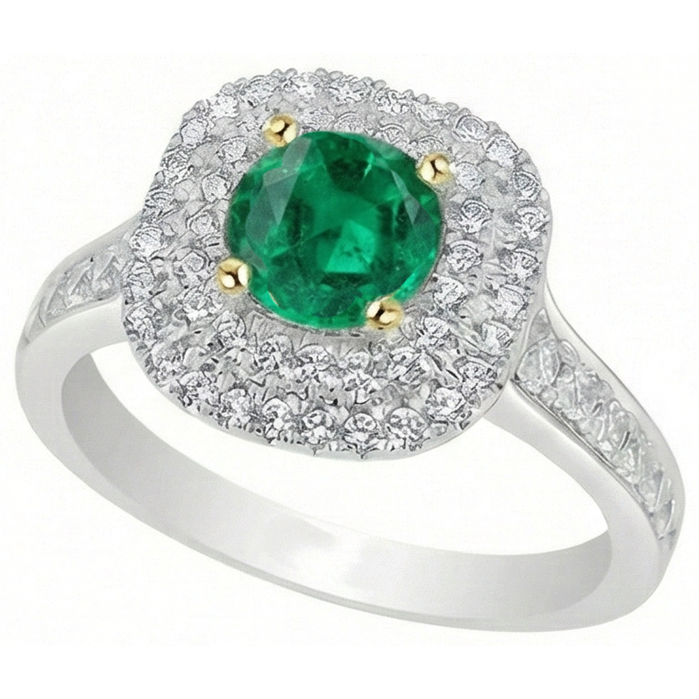 Rund-Brillant Smaragd Ring in Bicolor 14K Gold – Schrägansicht