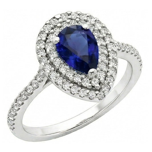 Royalblauer Saphir Tropfen-Schliff Edelstein-Ring in 14 Karat Weißgold – Hauptansicht