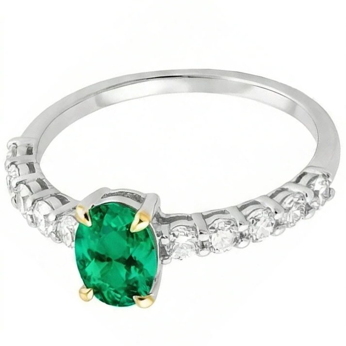 Kolumbianischer Smaragd Oval Schmuckstein-Ring in Zweifarbiges 14K Gold – Schrägansicht