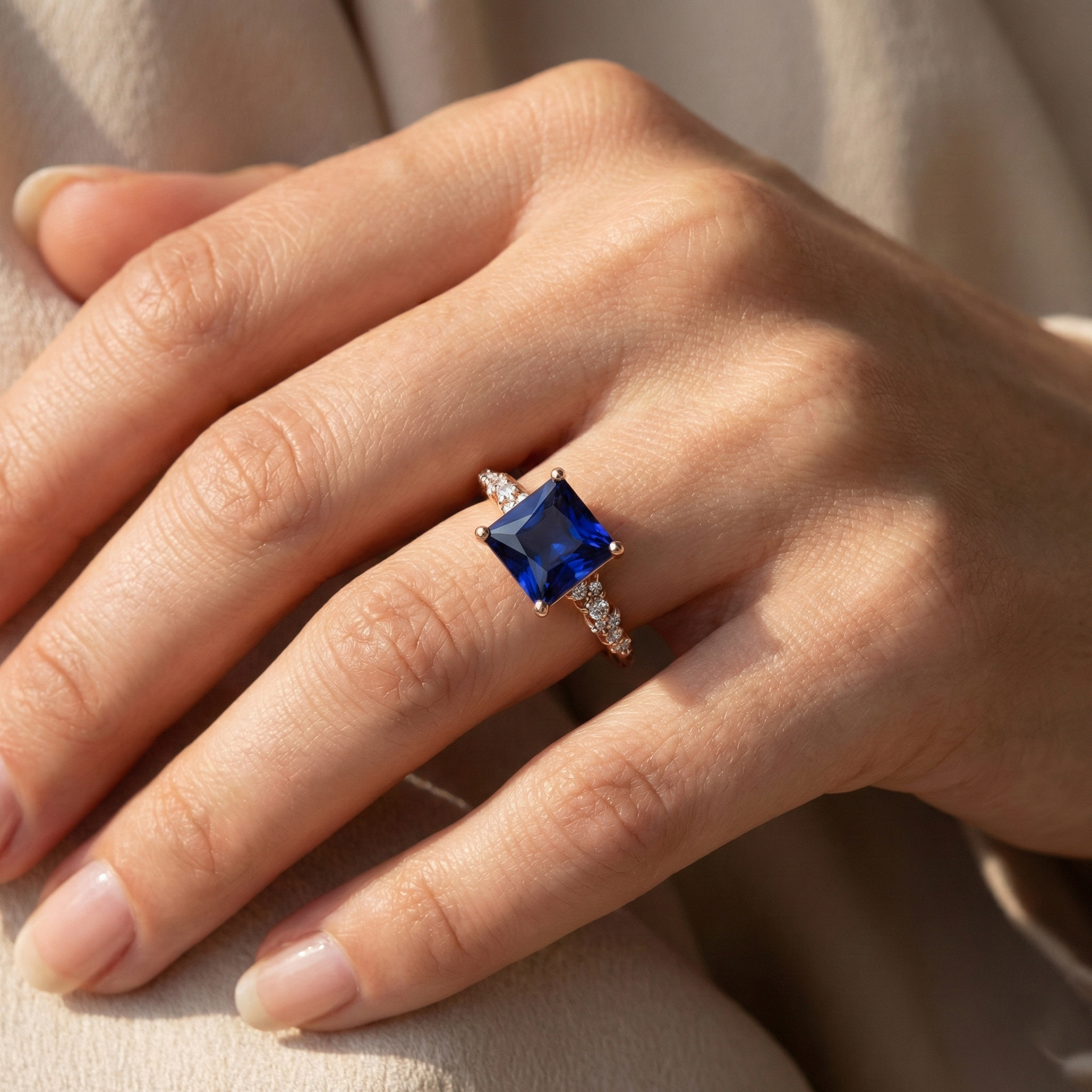 Schmuck 14 Karat Roségold mit Kornblumenblauer Saphir – Rückansicht