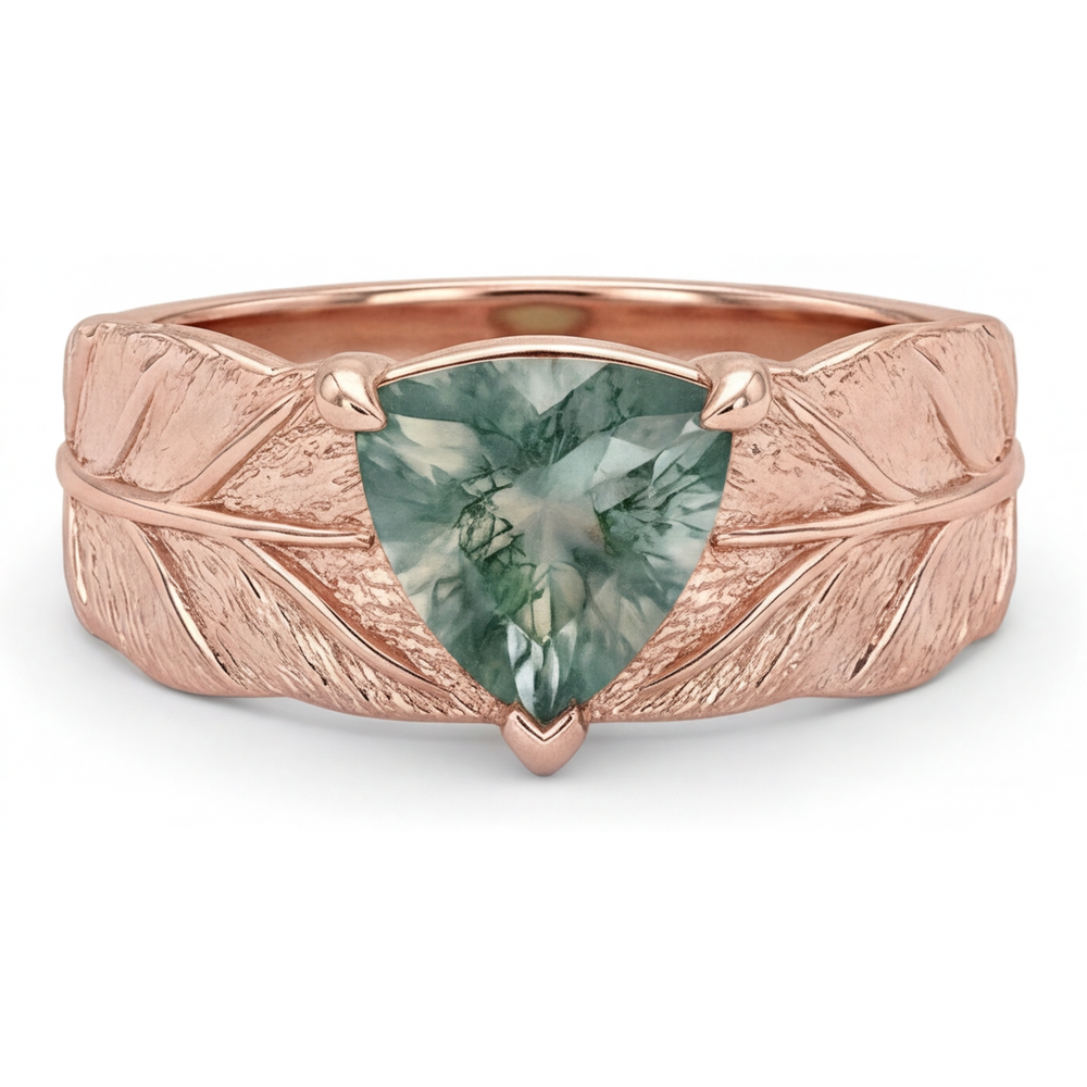 Moss Agate Triangelschliff Farbstein-Ring in 14K Roségold – Hauptansicht