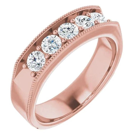 Natürliche Diamant Komfort Fit Ehering 1 Karat Fünf-Steine-Milgrain-Roségold-Schmuck