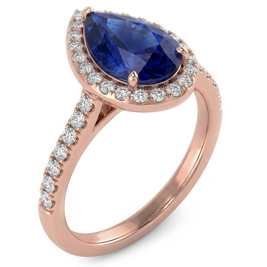 Natürlicher Diamant ( nicht im Labor gezüchtet )-Hochzeitshalo-Ring Birnenförmiger srilankischer Saphir 4 Karat
