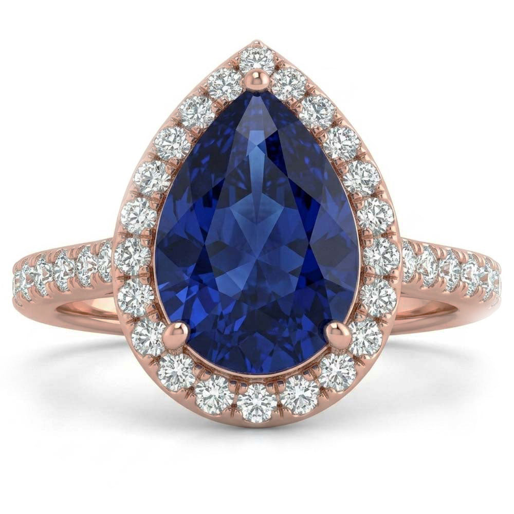 Natürlicher Diamant ( nicht im Labor gezüchtet )-Hochzeitshalo-Ring Birnenförmiger srilankischer Saphir 4 Karat