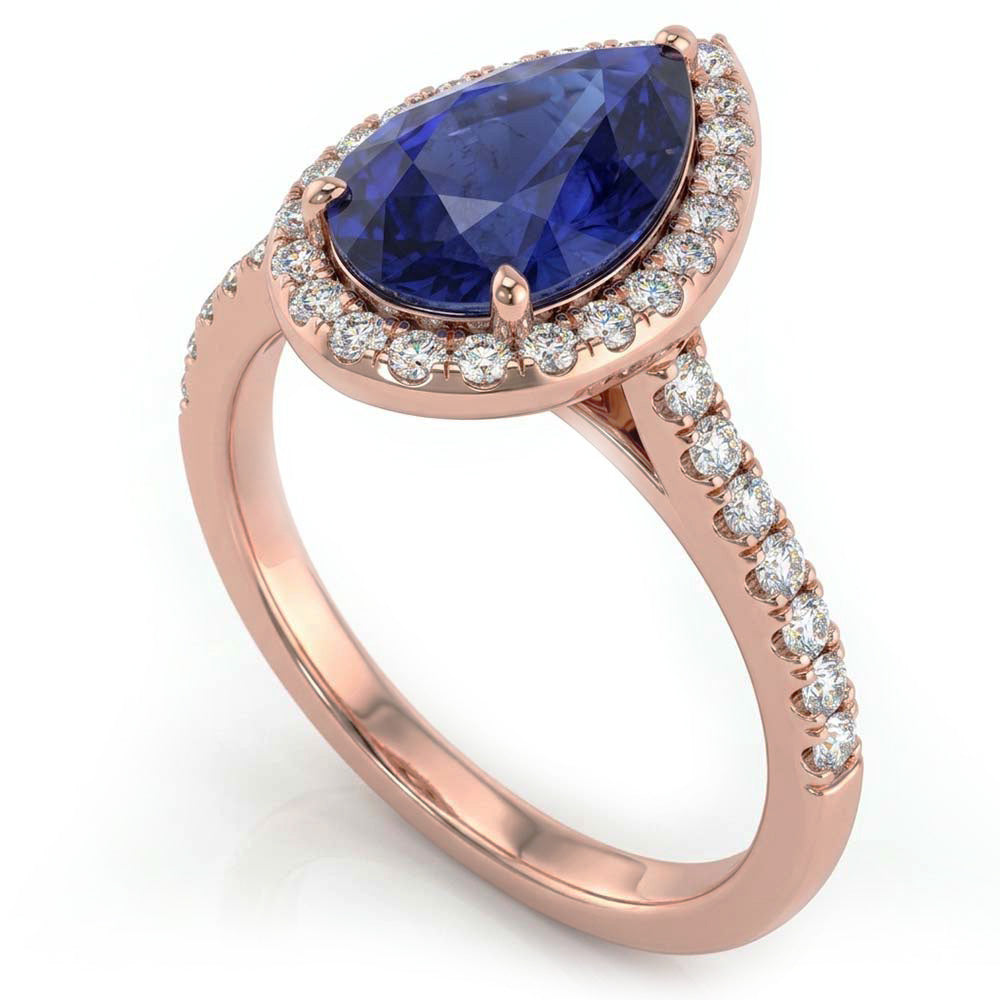 Natürlicher Diamant ( nicht im Labor gezüchtet )-Hochzeitshalo-Ring Birnenförmiger srilankischer Saphir 4 Karat