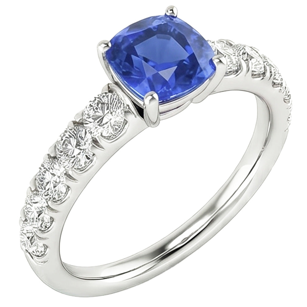 Natürlicher Diamant ( nicht im Labor gezüchtet ) Kissen Blauer Saphir Ring 3 Karat Weißgold 14K Schmuck