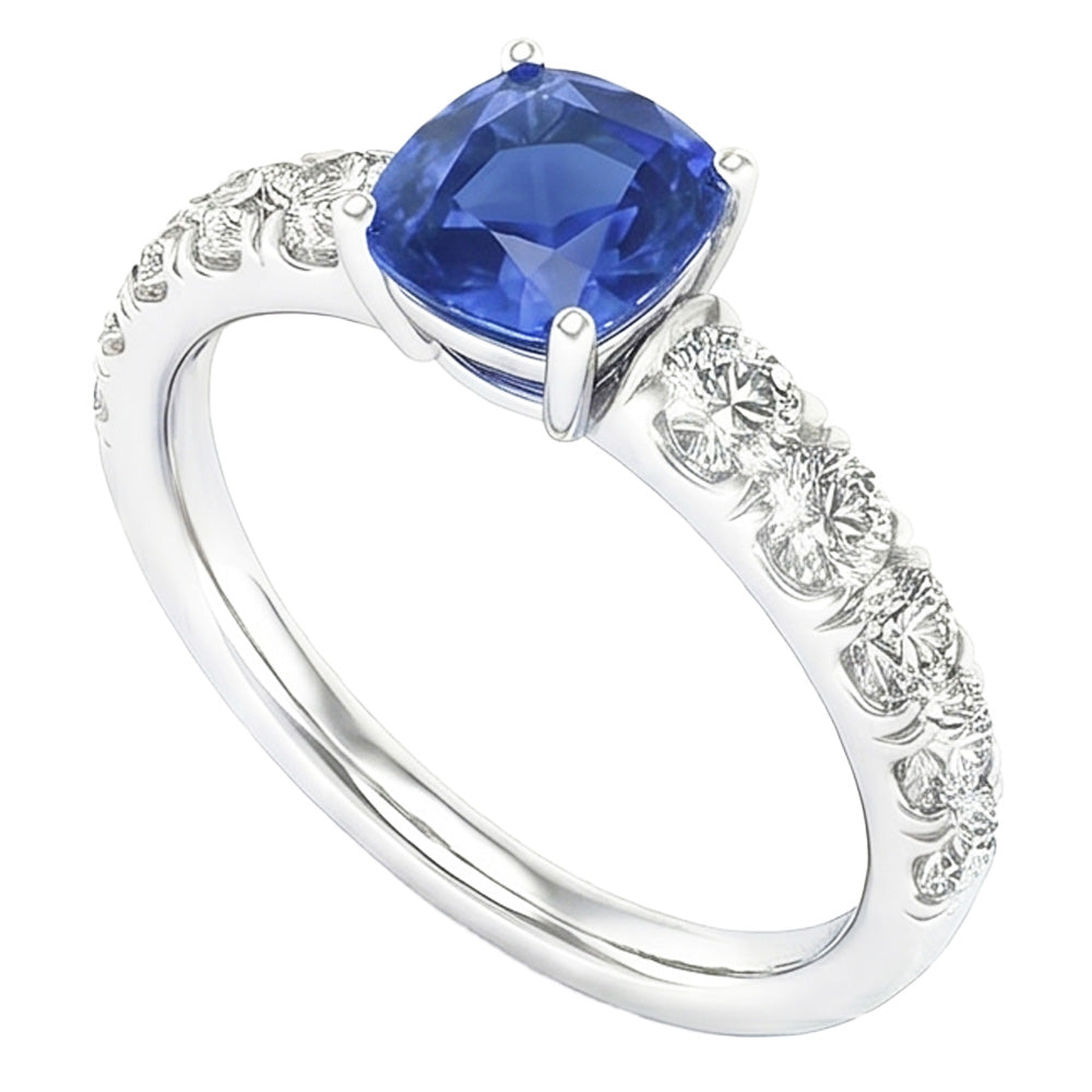 Natürlicher Diamant ( nicht im Labor gezüchtet ) Kissen Blauer Saphir Ring 3 Karat Weißgold 14K Schmuck