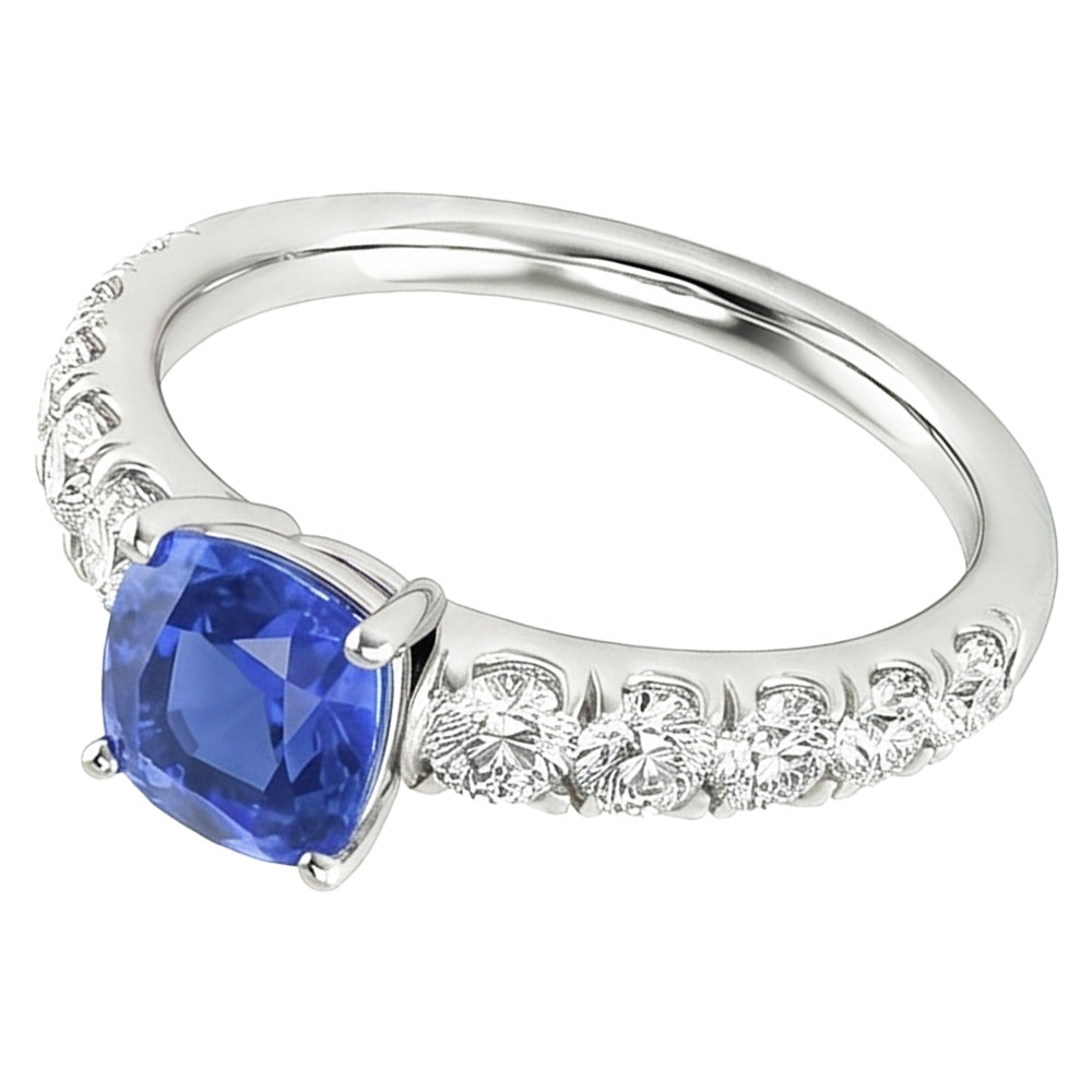 Natürlicher Diamant ( nicht im Labor gezüchtet ) Kissen Blauer Saphir Ring 3 Karat Weißgold 14K Schmuck