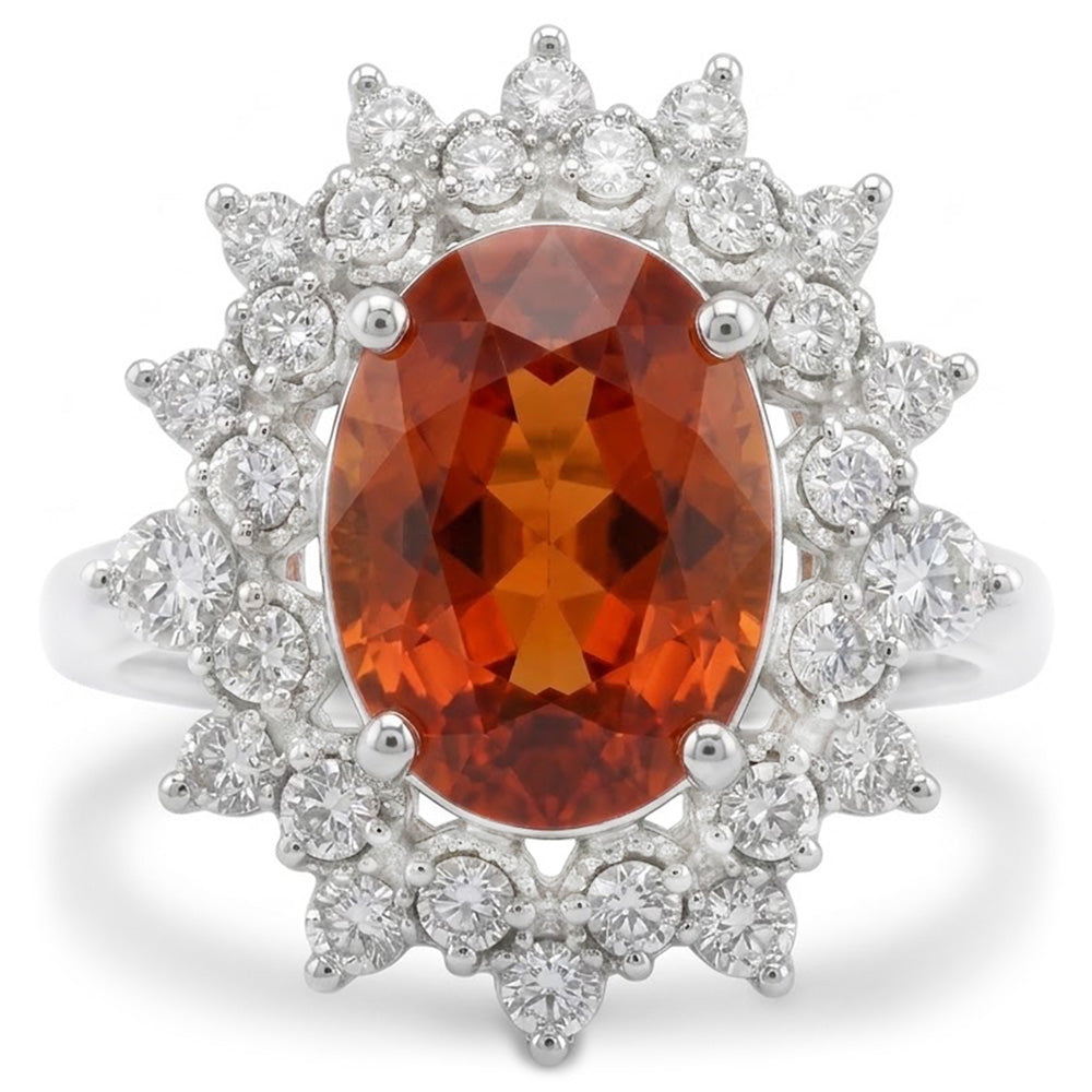Natürlicher Mandarin Granat mit Diamanten 10,25 Kt Ring Weißgold 14K