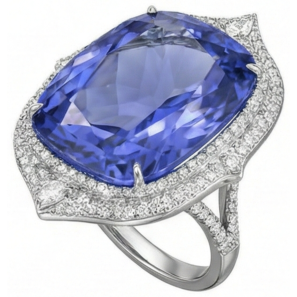 Natürlicher Tansanit mit Diamanten 23,75 ct Ring Weißgold 14K