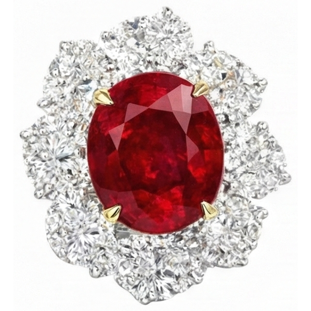 Natürlicher ovaler Rubin mit Diamanten 6,10 ct Ehering Gold 14K
