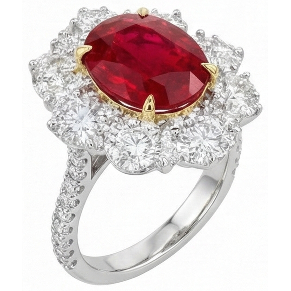 Natürlicher ovaler Rubin mit Diamanten 6,10 ct Ehering Gold 14K