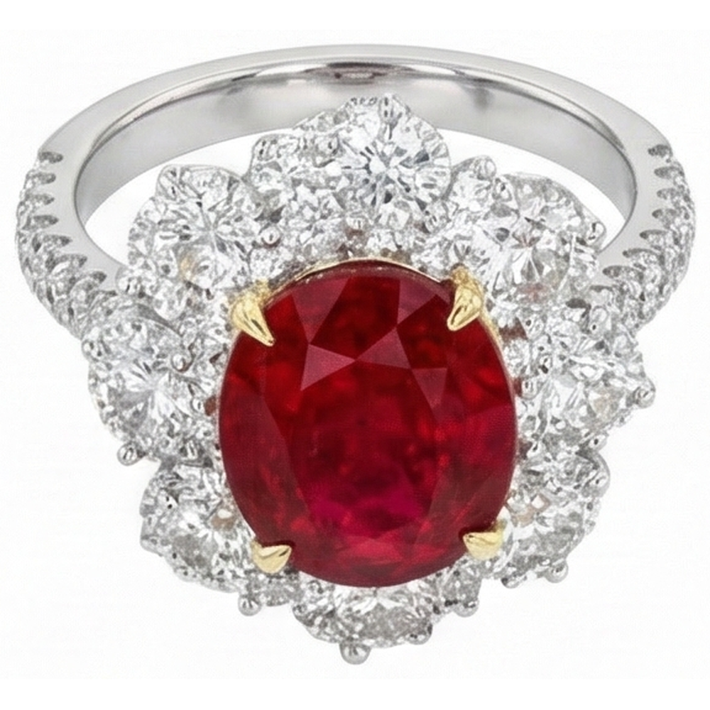 Natürlicher ovaler Rubin mit Diamanten 6,10 ct Ehering Gold 14K