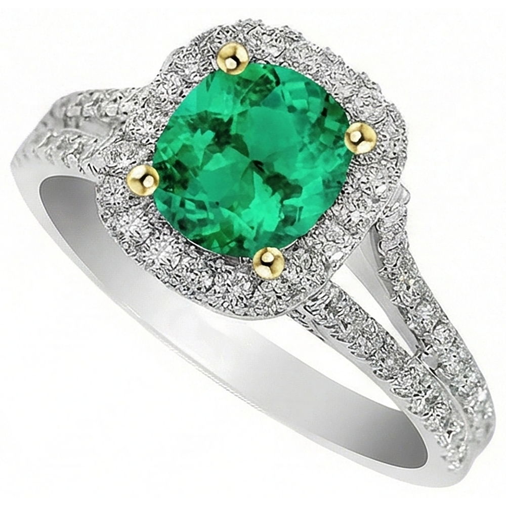 Kolumbianischer Smaragd Edelstein-Ring 2-Karat Bicolor 14K Gold – Schrägansicht