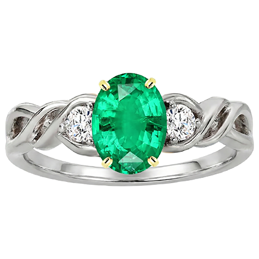 Smaragd Oval Farbstein-Ring in Bicolor 14K Gold – Frontansicht