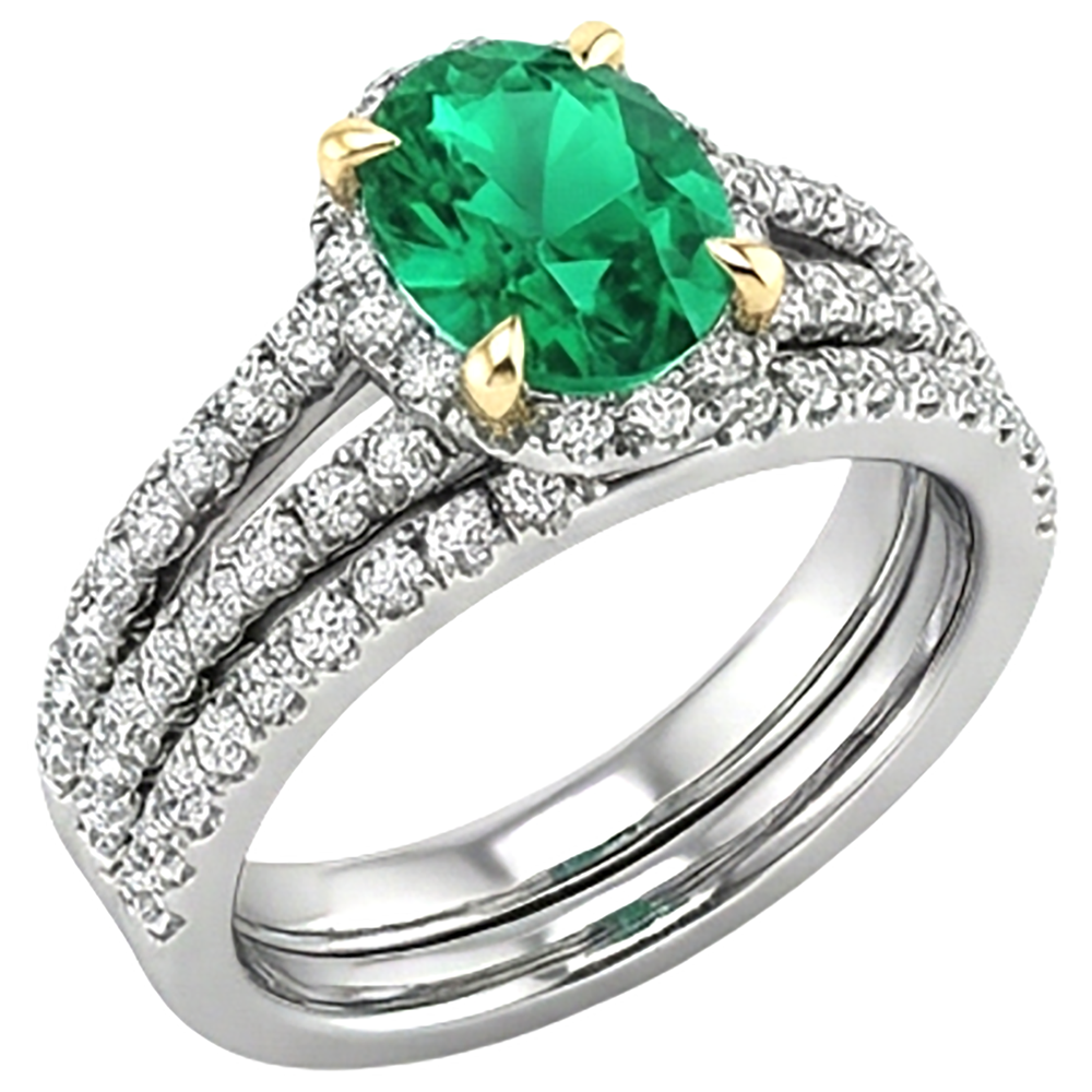 Schmuckstein-Ring Bicolor 14K Gold mit Smaragd – Schrägansicht