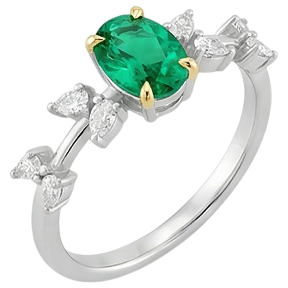 Edler Smaragd Farbstein-Ring 2-Karat Zweifarbiges 14K Gold – Schrägansicht