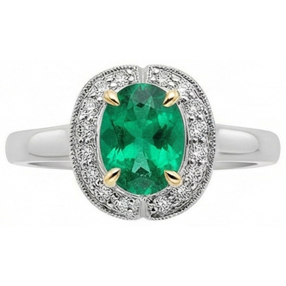 Schmuckstein-Ring 14 Karat Zweifarbig Gold mit Smaragd – Schrägansicht
