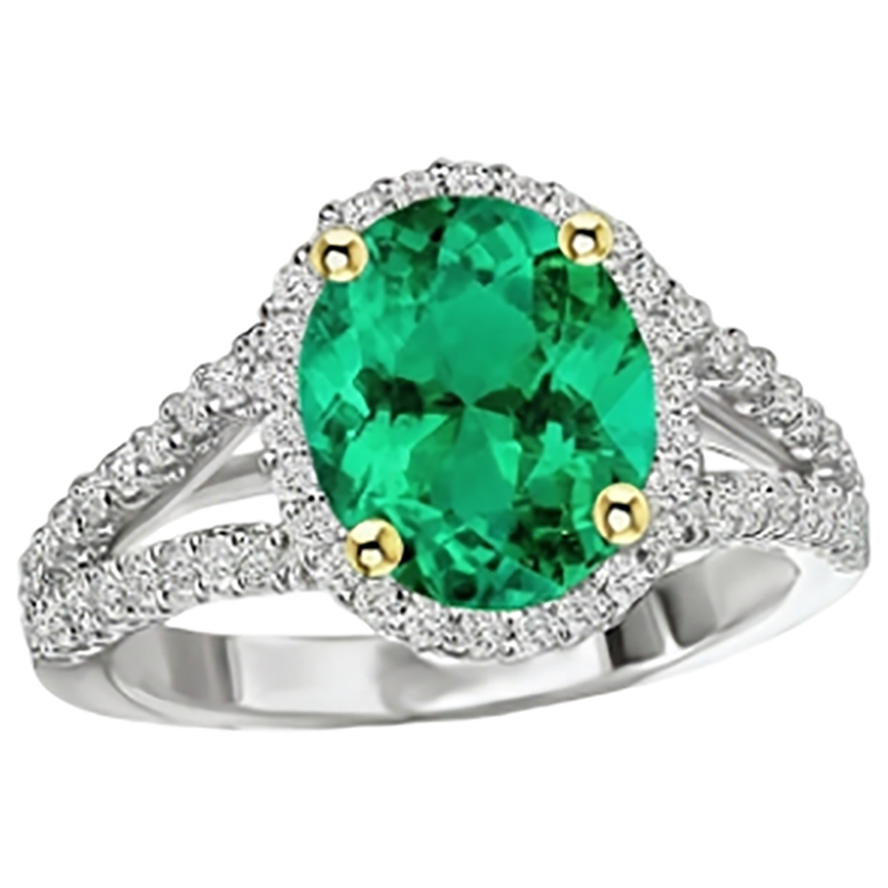 Schmuckstein-Ring Bicolor 14K Gold mit Edler Smaragd – Schrägansicht