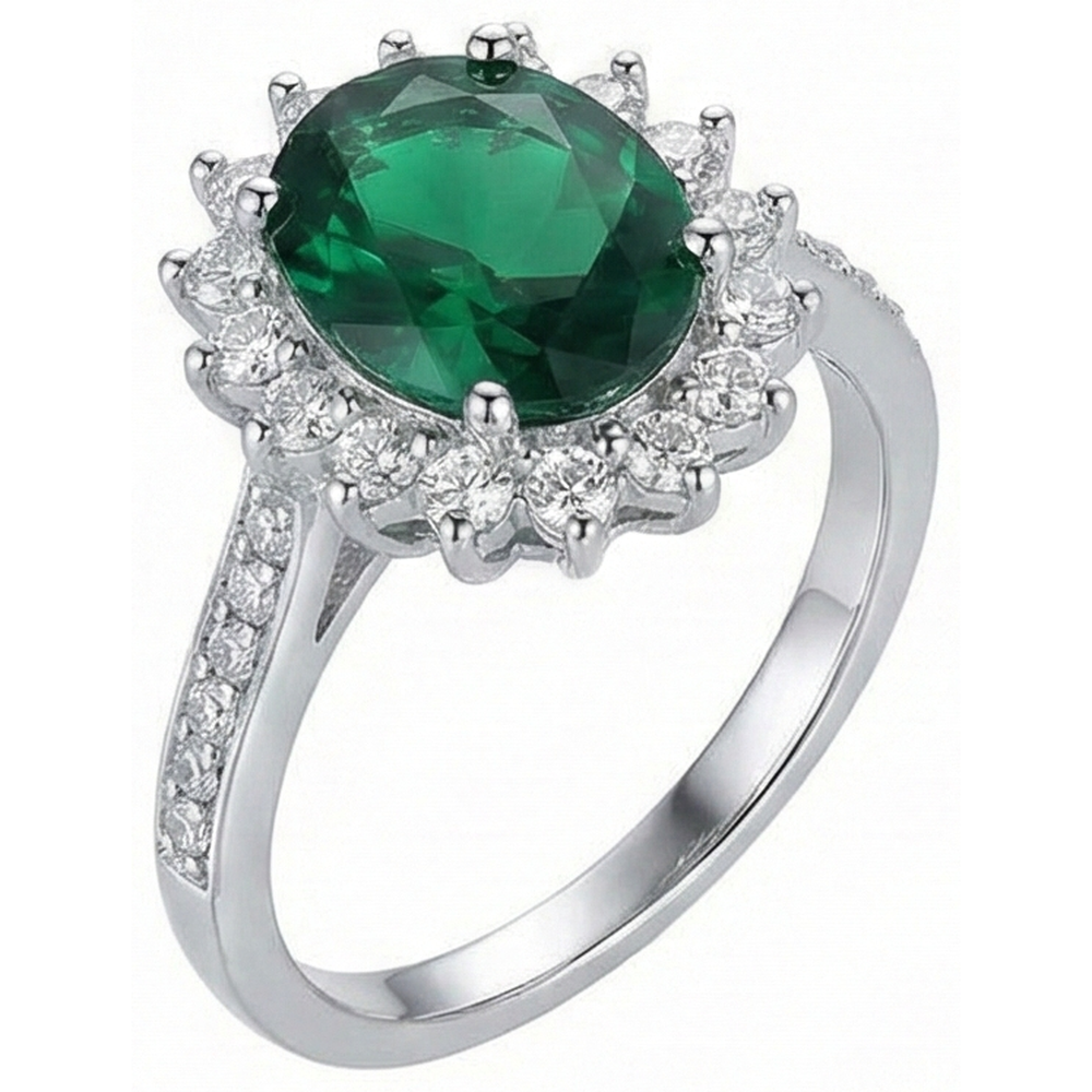 Ovaler Ring Grüner Smaragd und Diamant Weißgold 14K 5,75 Ct
