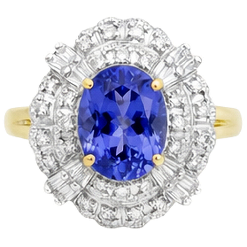 Ovaler Tansanit und Baguette Diamanten Goldring 8 Karat Neu