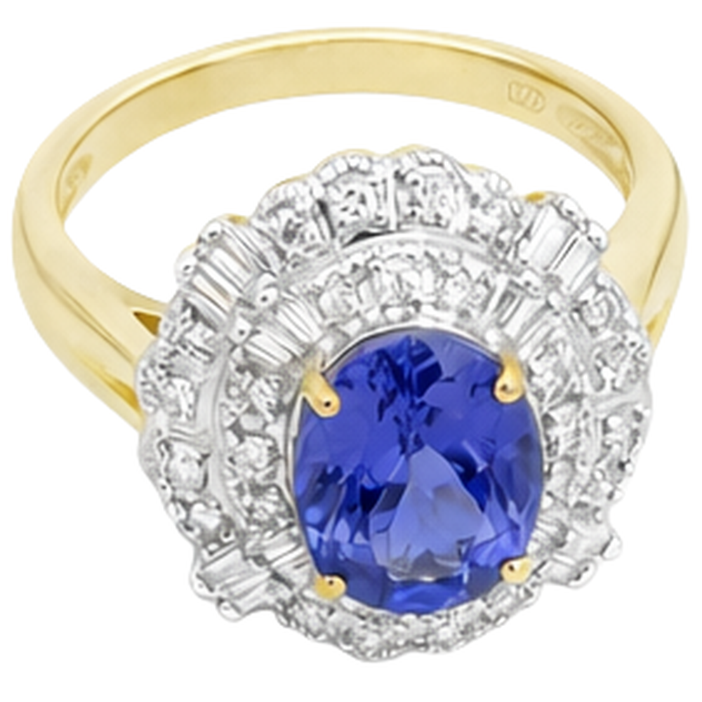 Ovaler Tansanit und Baguette Diamanten Goldring 8 Karat Neu