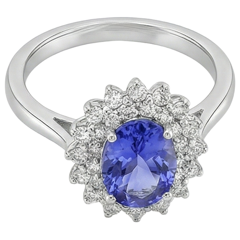 Ovaler Tansanit und runde Diamanten 11,25 Karat Ring Weißgold 14K