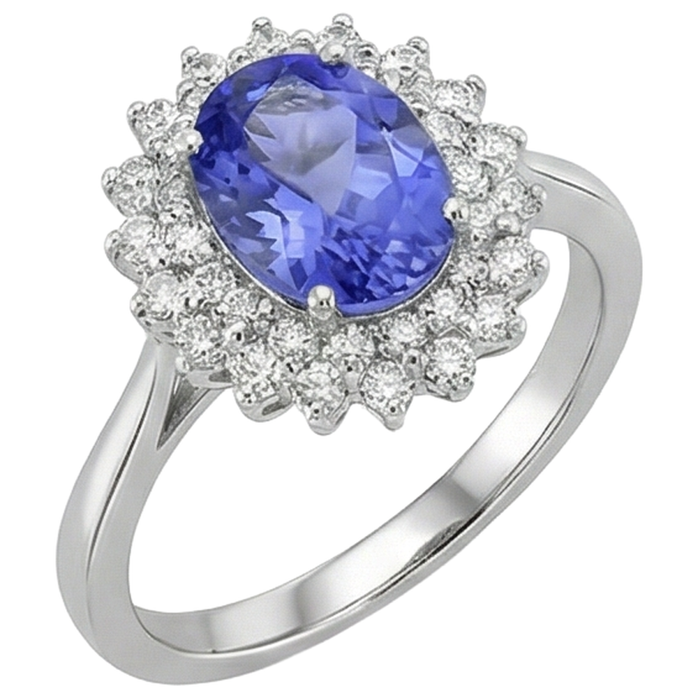 Ovaler Tansanit und runde Diamanten 11,25 Karat Ring Weißgold 14K