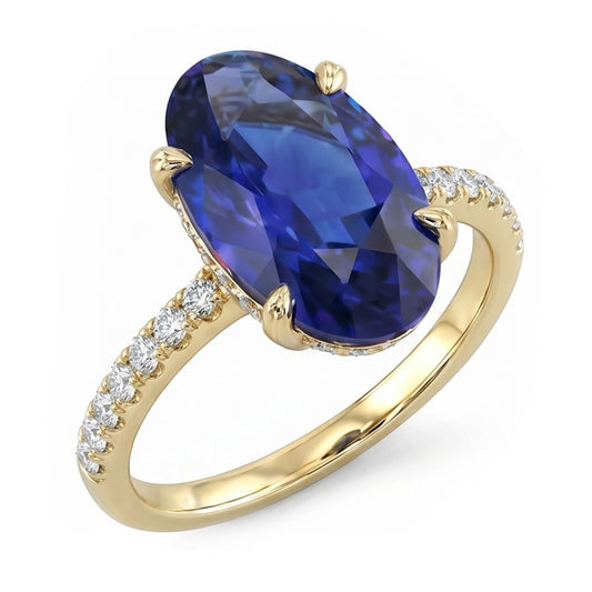 Ovaler blauer Saphirring aus Gelbgold mit Akzenten 4 Karat