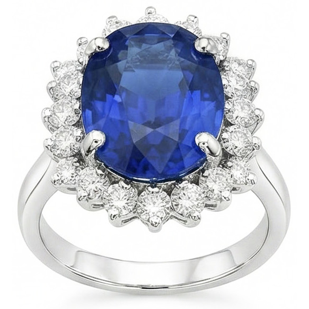 Ovaler und runder Ceylon-Saphir-Ring mit 8 Karat Diamanten WG 14K