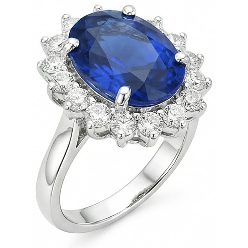 Ovaler und runder Ceylon-Saphir-Ring mit 8 Karat Diamanten WG 14K