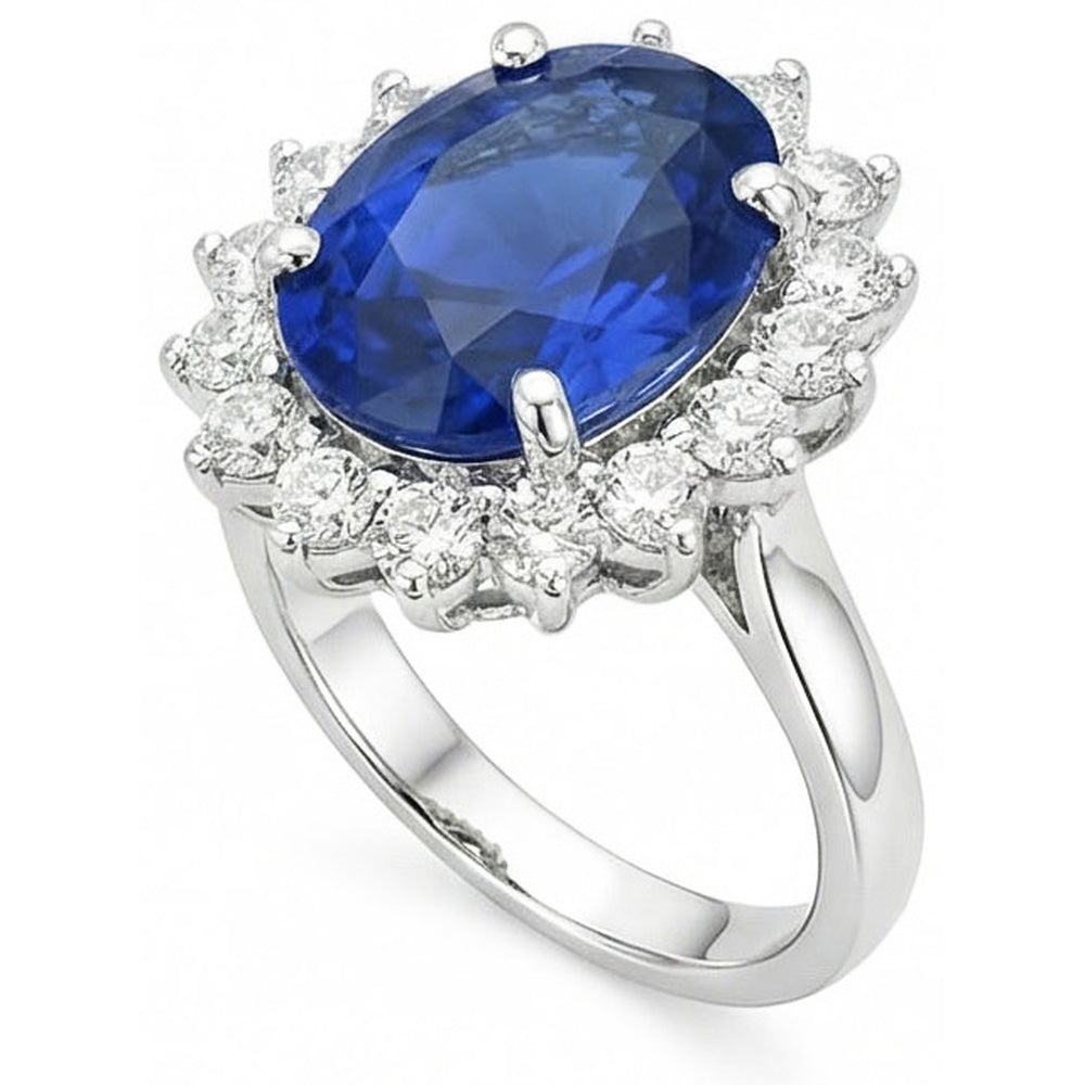 Ovaler und runder Ceylon-Saphir-Ring mit 8 Karat Diamanten WG 14K