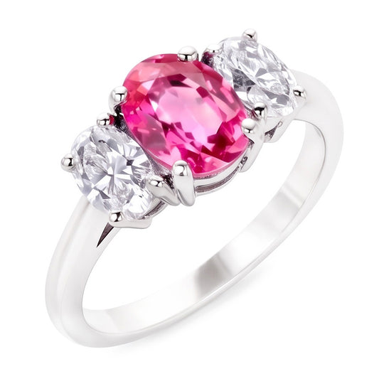 Ovalschliff Ring mit rosa Saphir und Diamanten 4 Karat Weißgold 14K