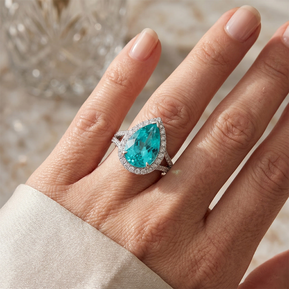 Paraiba-Turmalin Pavé Halo-Fassung Ring 5,25 Karat in 14 Karat