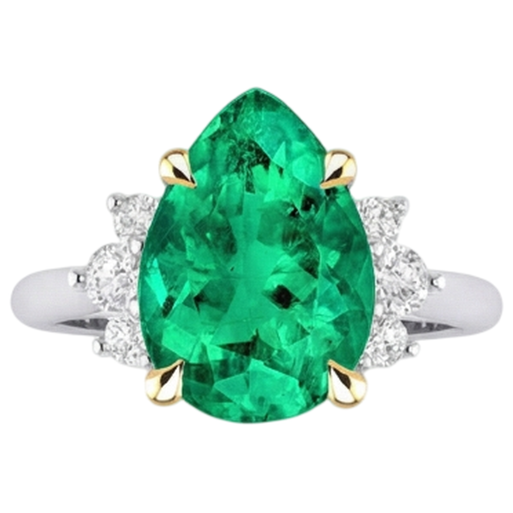 Edler Smaragd Tropfen-Schliff Farbstein-Ring in 14 Karat Zweifarbig Gold – Schrägansicht