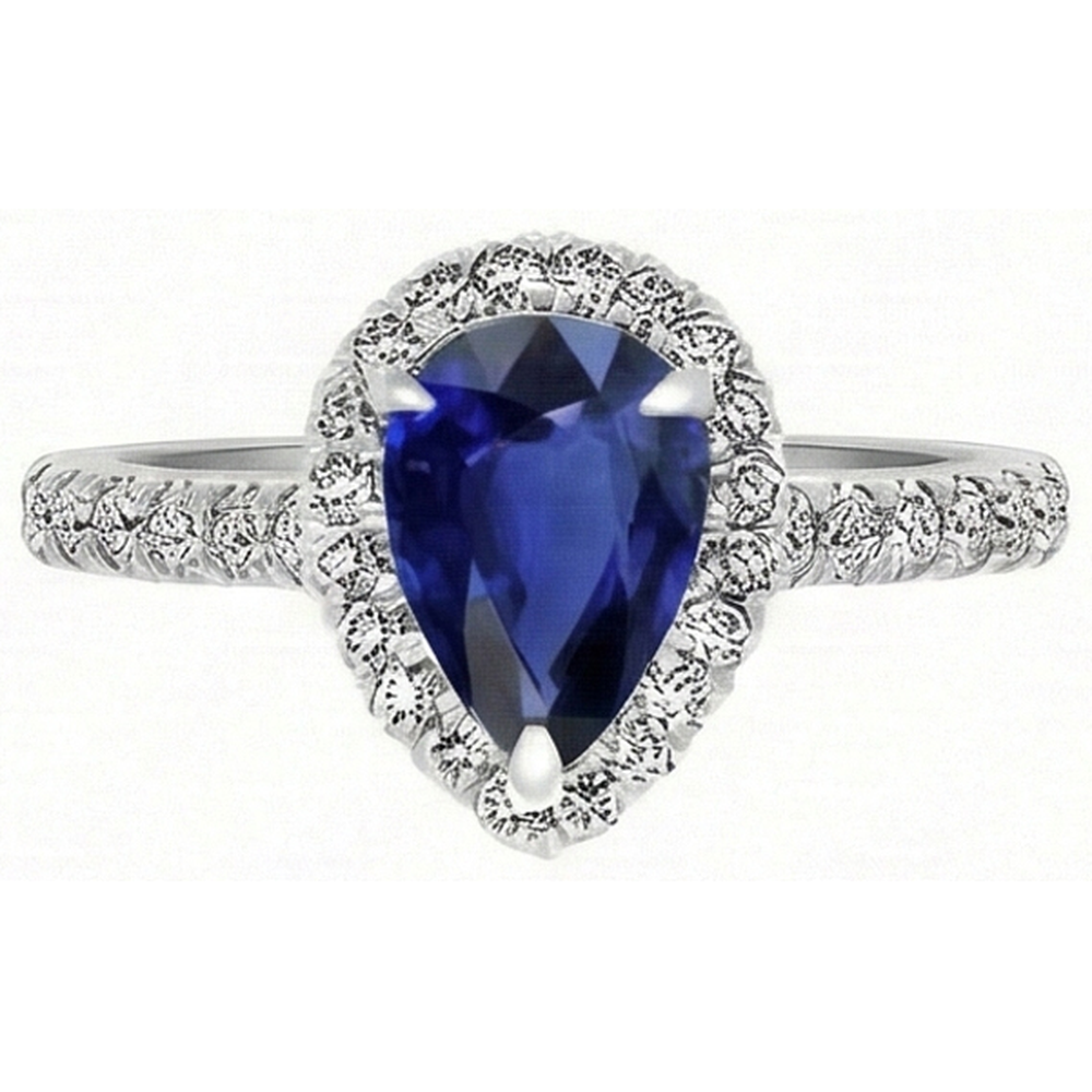 Birnen-Schliff Blauer Saphir Ring in 14K Weißgold – Frontansicht