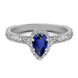 14K Weißgold Antik Blauer Saphir Edelstein-Ring 1 Karat