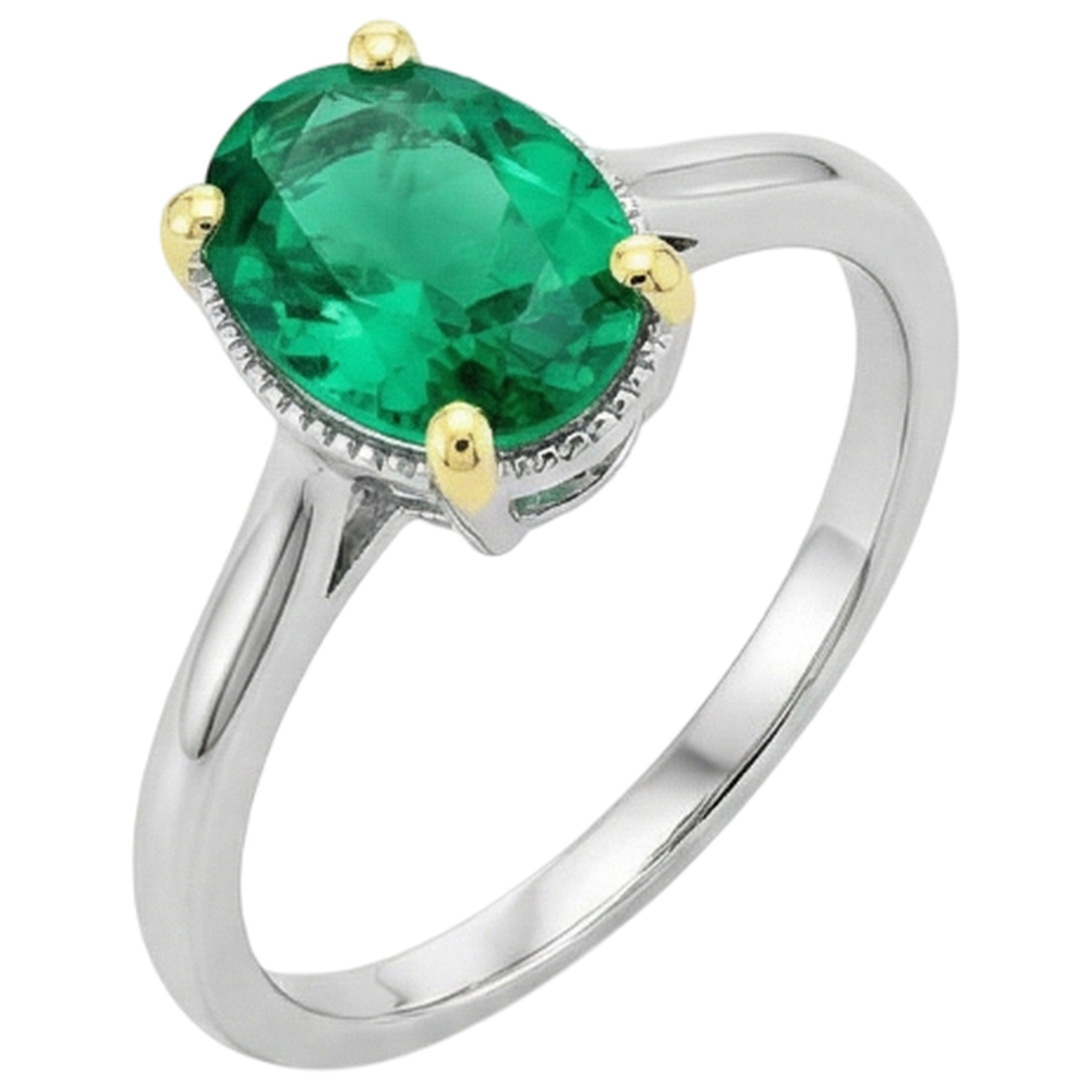 Kolumbianischer Smaragd Oval-Schliff Farbstein-Ring in Zweifarbiges 14K Gold – Schrägansicht