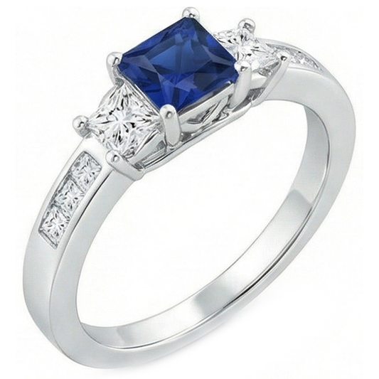 Princess Cut 2,85 ct Saphir und Diamanten Ehering Weißgold 14K