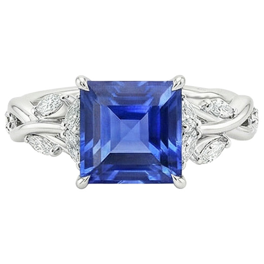 Princess Cut Blauer Saphir Diamantring 6,75 Karat Ausgefallener Schmuck