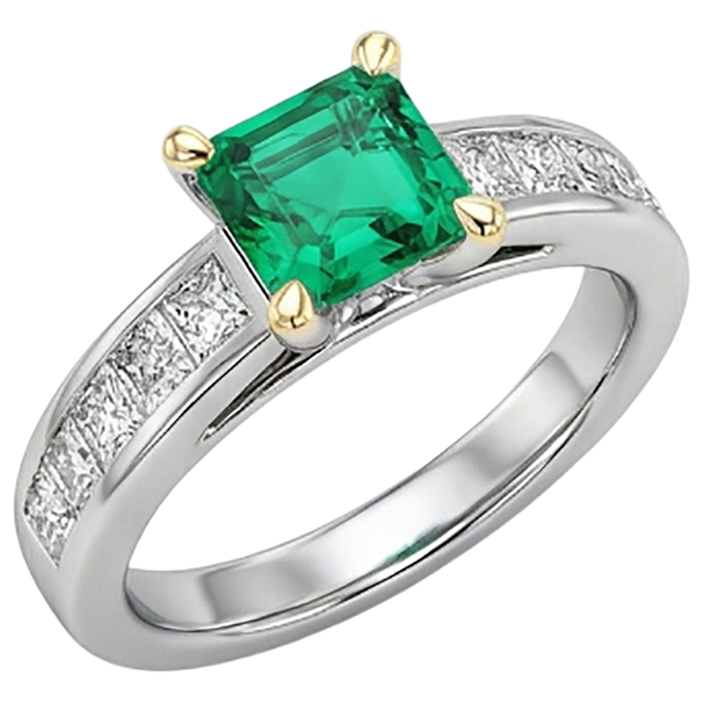 Asscher Kolumbianischer Smaragd Ring in Bicolor 14K Gold – Frontansicht