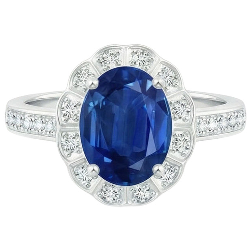 Ring mit Saphir und Diamanten im Oval- und Rundschliff 4,20 Karat Weißgold 14K