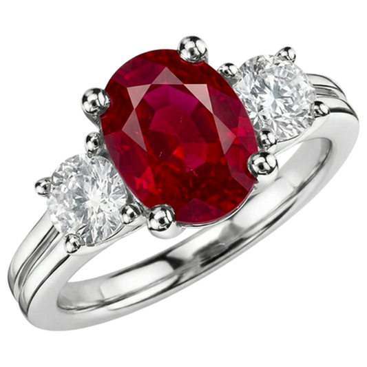 Ring mit drei Steinen im Ovalschliff. Roter Rubin und Diamant. Gold 14K 1.80 Karat