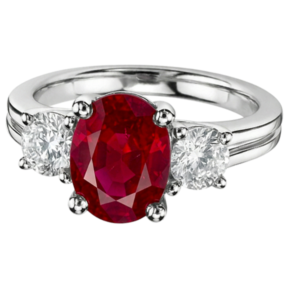 Ring mit drei Steinen im Ovalschliff. Roter Rubin und Diamant. Gold 14K 1.80 Karat