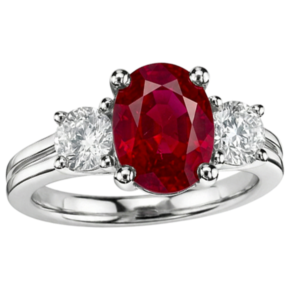 Ring mit drei Steinen im Ovalschliff. Roter Rubin und Diamant. Gold 14K 1.80 Karat