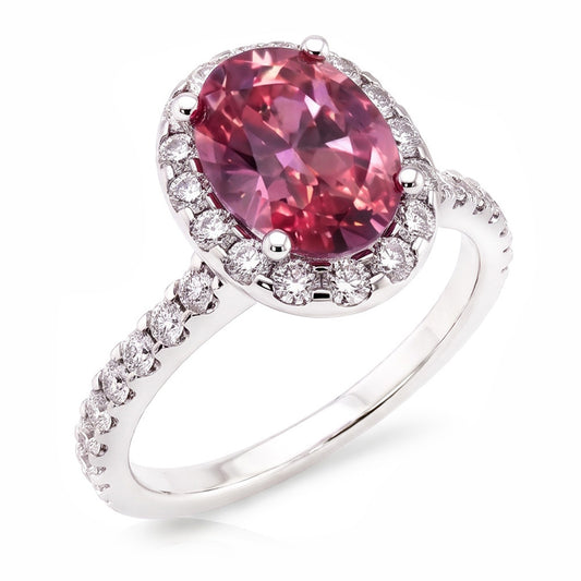 Ring mit rosa Saphir und Diamanten 3,90 Karat Weißgold 14K