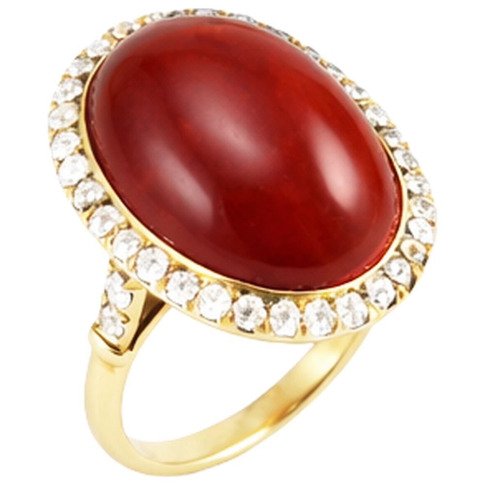 Roter Koralle im Ovalschliff und runde Diamanten 14 Karat Ring Gelbgold 14 K