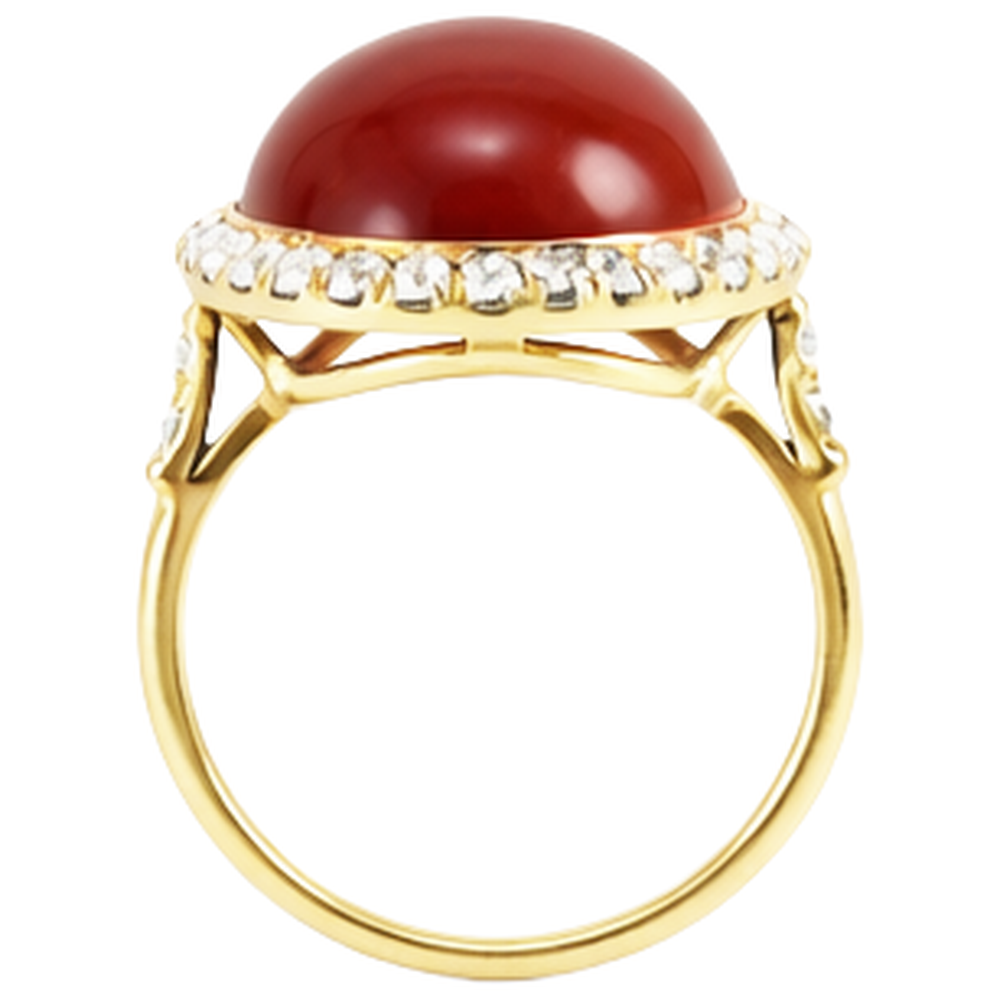 Roter Koralle im Ovalschliff und runde Diamanten 14 Karat Ring Gelbgold 14 K