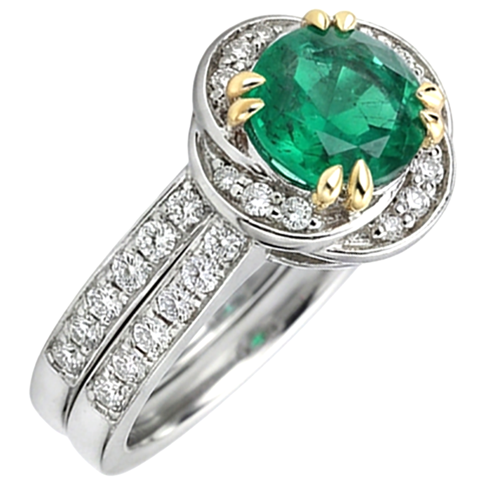 Rund-Brillant Edler Smaragd Ring in 14 Karat Zweifarbig Gold – Seitenansicht