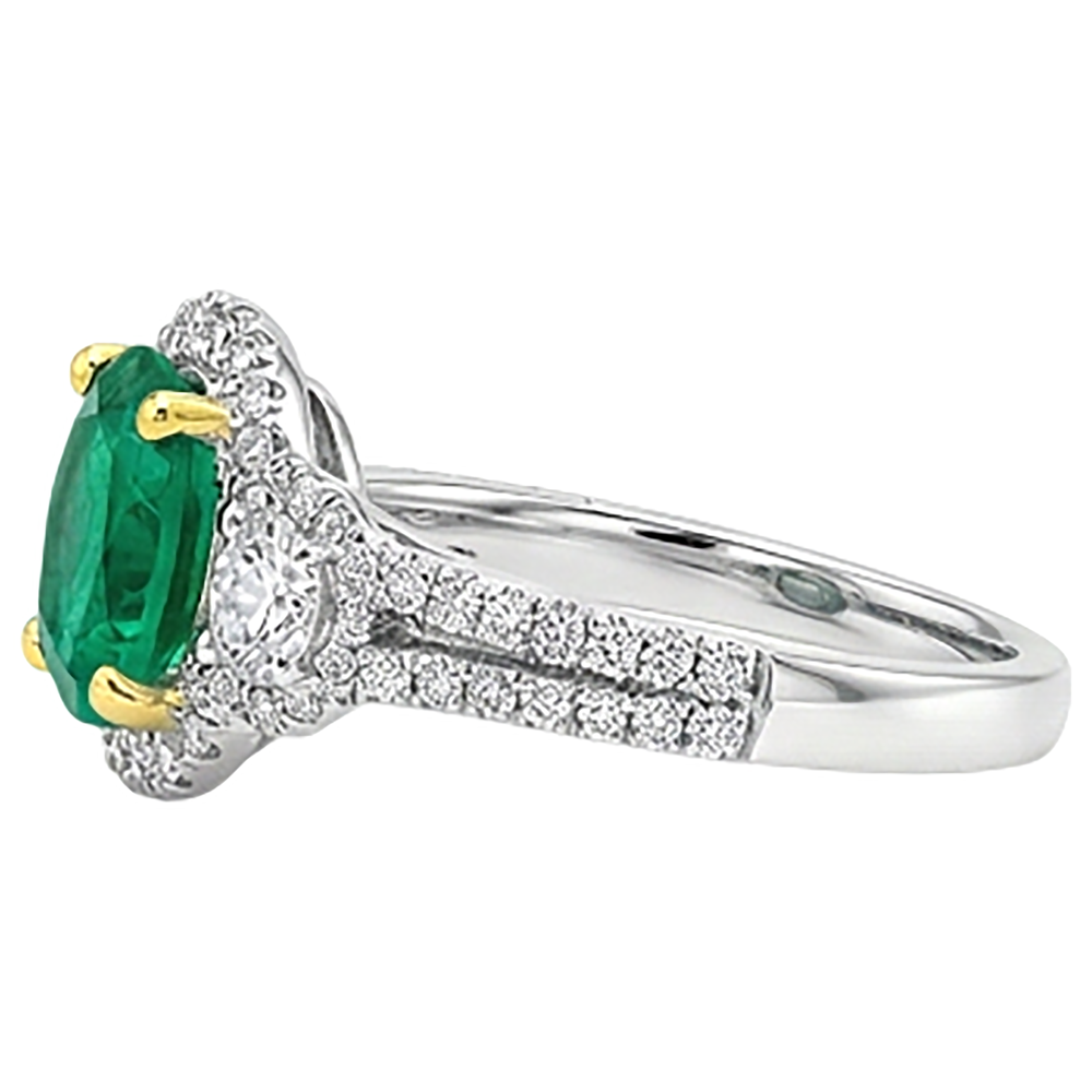 Smaragd Rund-Brillant Edelstein-Ring in Bicolor 14K Gold – Profilansicht